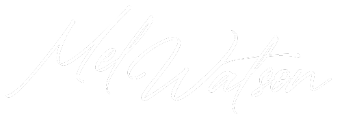 logo: signature in white cursive font that says "Mel Watson"