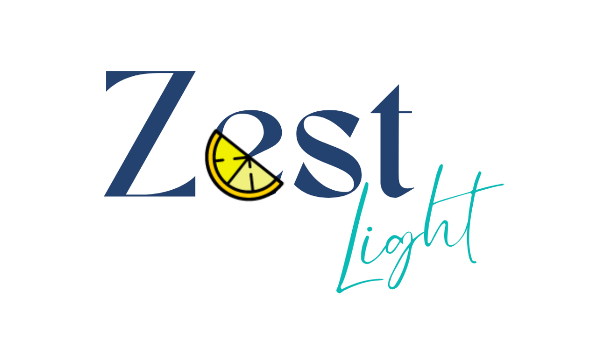 Zest light logo featuring script font "light" and lemon slice