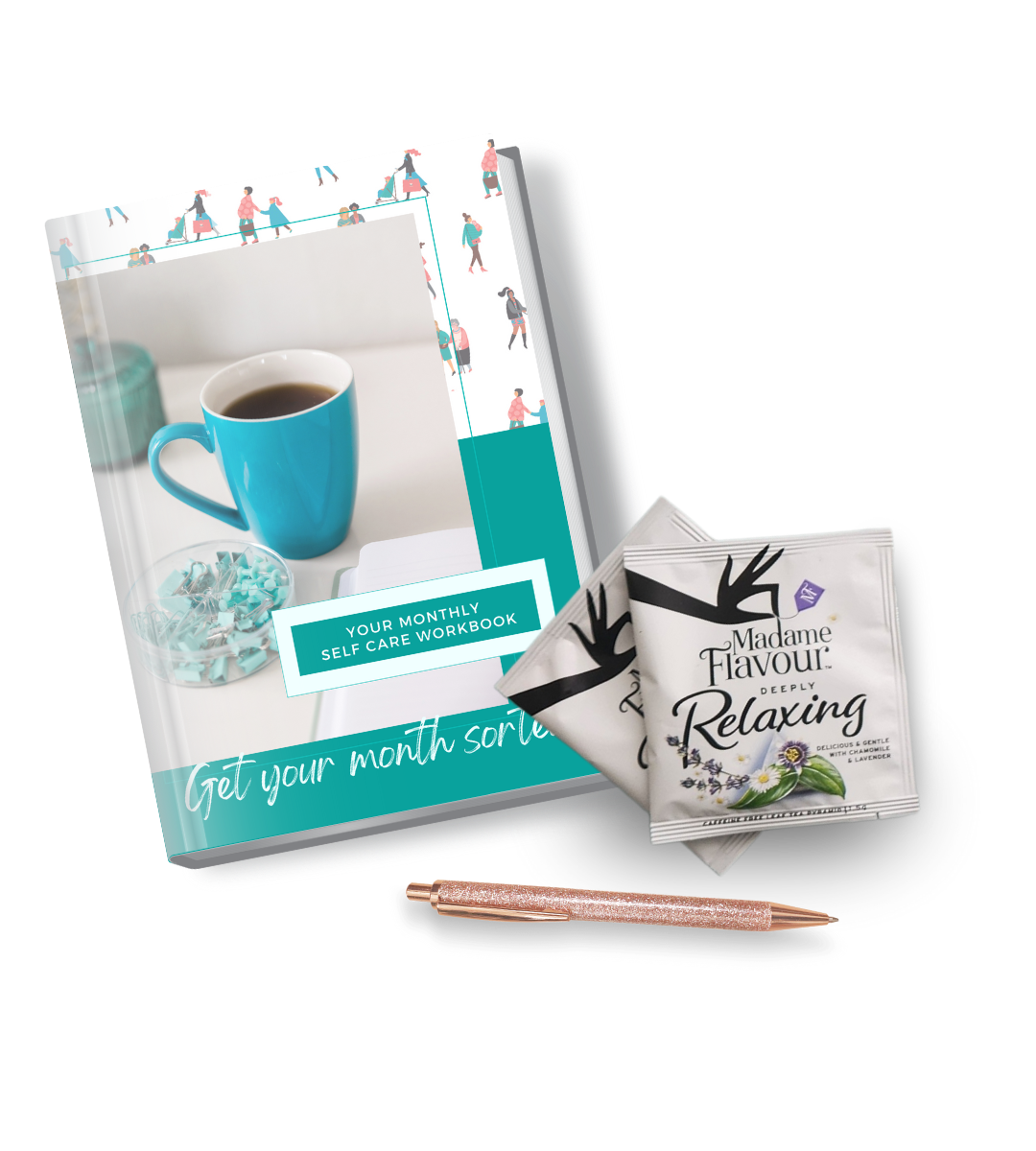 Zest Self Care Planning Workbook with some premium tea and a pen.