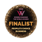 Round award badge, gold text and accents on black background with hot pink logo. Finalist People's Choice Business - Women Changing the World Awards 2023