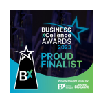 Square black and teal award badge with white and blue text. Finalist, Business Xcellence Awards 2023.