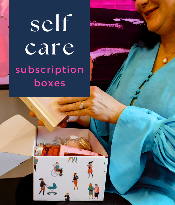 "Self Care Subscription Box" Feature Image and Call To Action. Imagery features a woman in an aqua top looking through a self care box.