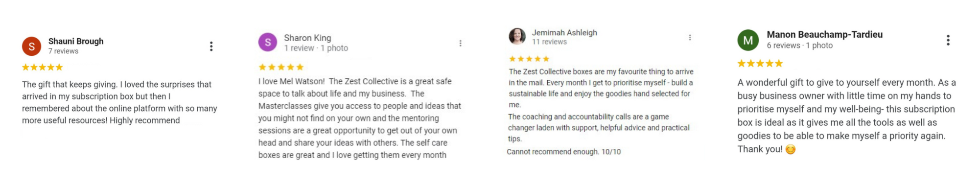 A group of 4 glowing Google Reviews (screenshots). All comments don't fit in alt-text but they mention features such as mentoring, the quality of guest expert speakers, the self care boxes and sustainability. Full reviews can be read on Mel Watson's Google Business Profile.