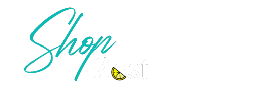 Zest Collective "Shop Zest" Logo - cursive turquoise text saying "Shop" over white text saying "Zest"