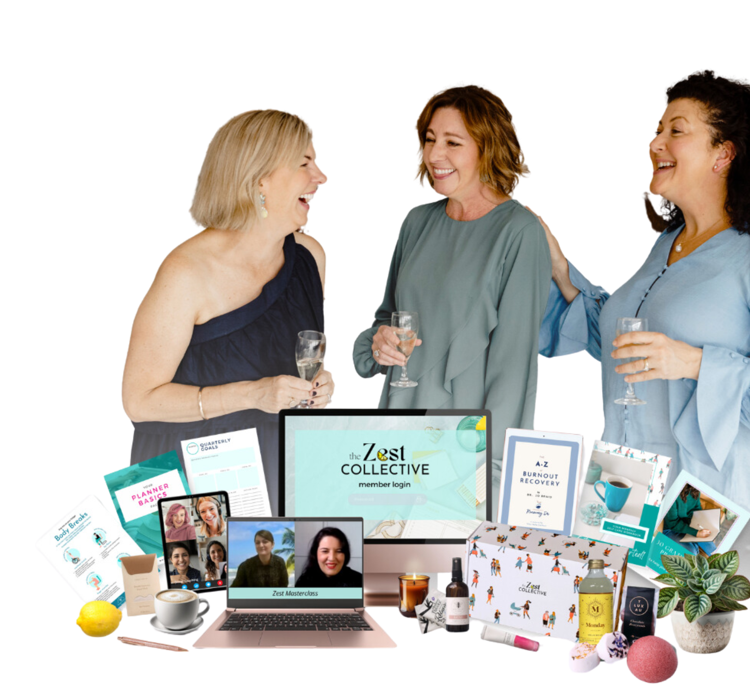 graphic of Zest Collective resources with three woman standing in the background. Resources are displayed on a variety of devices alongside a Zest Self Care Box. The women are talking and laughing, representing the community aspect. 